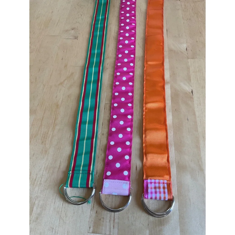 Lot of 3 Handmade Grosgrain Ribbon D-Ring Belts Preppy Stripes Polka Dot Gingham